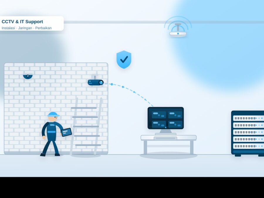Teknisi memasang kamera CCTV dan mengelola rak jaringan untuk layanan IT support