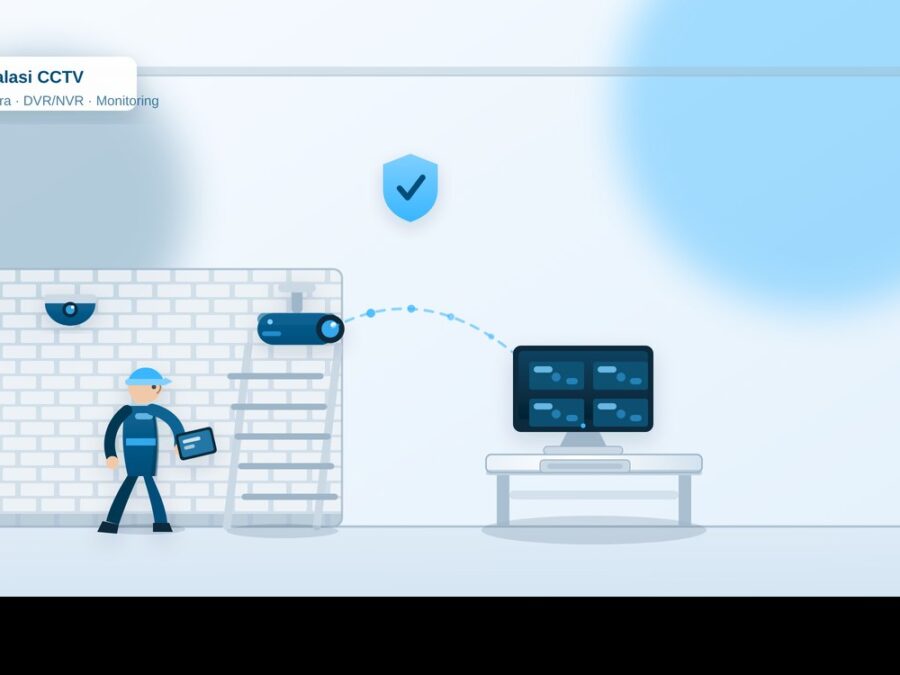 Ilustrasi instalasi kamera CCTV dengan monitor pemantauan