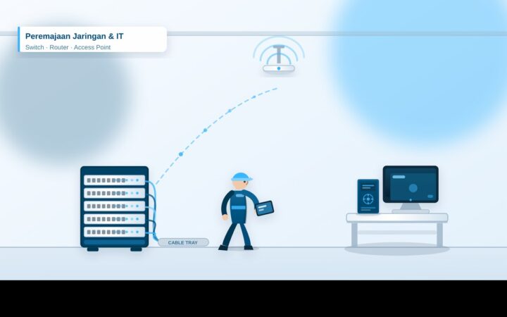Ilustrasi rak jaringan, access point, dan penataan kabel