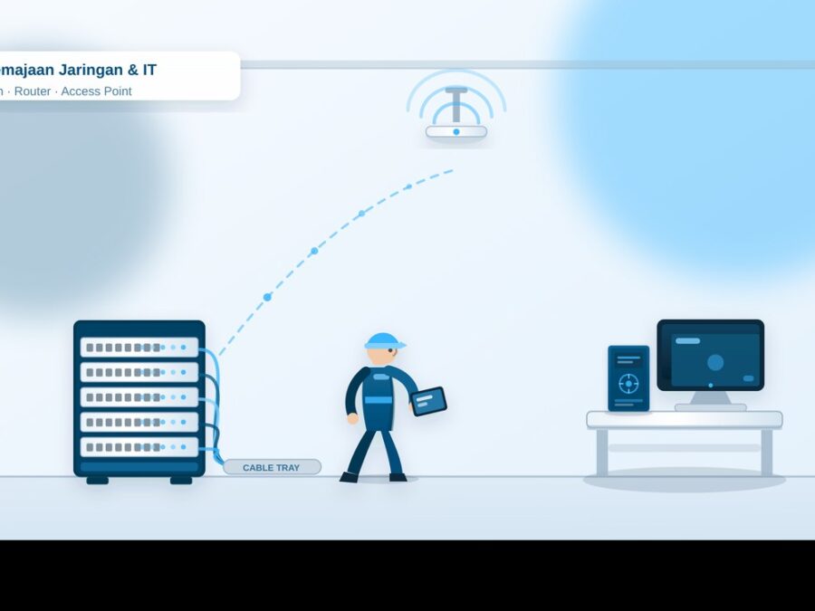 Ilustrasi rak jaringan, access point, dan penataan kabel